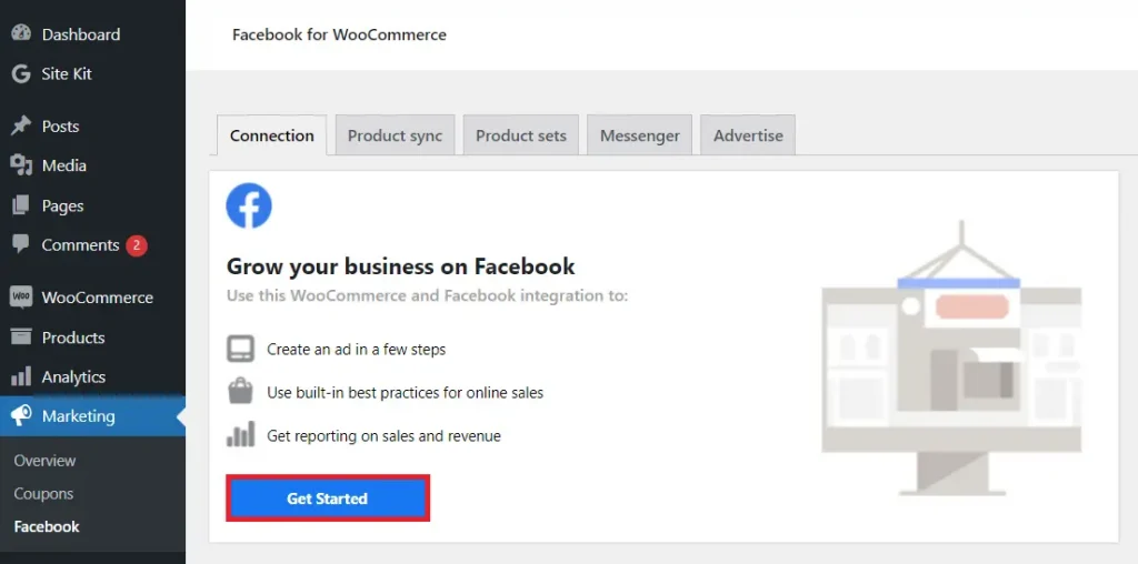 cara menghubungkan woocommerce ke facebook shop klik tombol get started