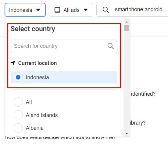 cara menggunakan facebook ads library filter negara